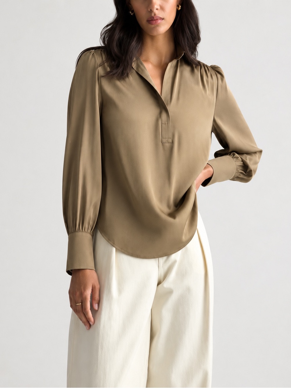Quince Washable Stretch Silk Split Neck Blouse M Dogwood Quiet Luxury Classic